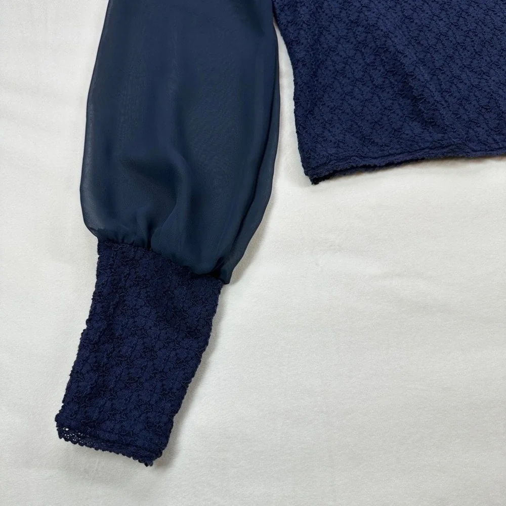 Free‎ People Navy Blue Textured Top Sheer Balloon Long Sleeve Blouse XS